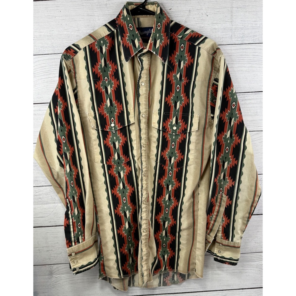 VTG Wrangler Western Shirts‎ Mens Aztec Tribal Pearl Snap Long Sleeve Tan Green